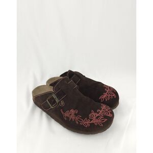 Women's Bjorndal Suede Leather Floral Buckle Clogs Slides Size 9